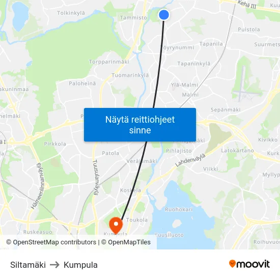 Siltamäki to Kumpula map