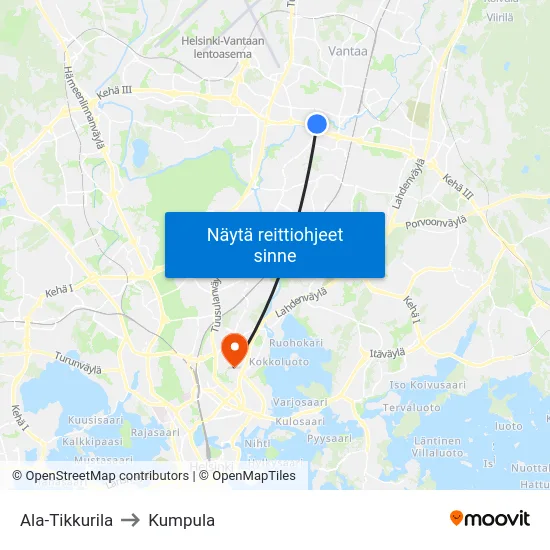 Ala-Tikkurila to Kumpula map