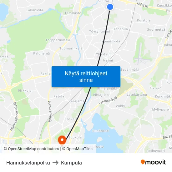 Hannukselanpolku to Kumpula map