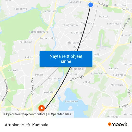 Arttolantie to Kumpula map