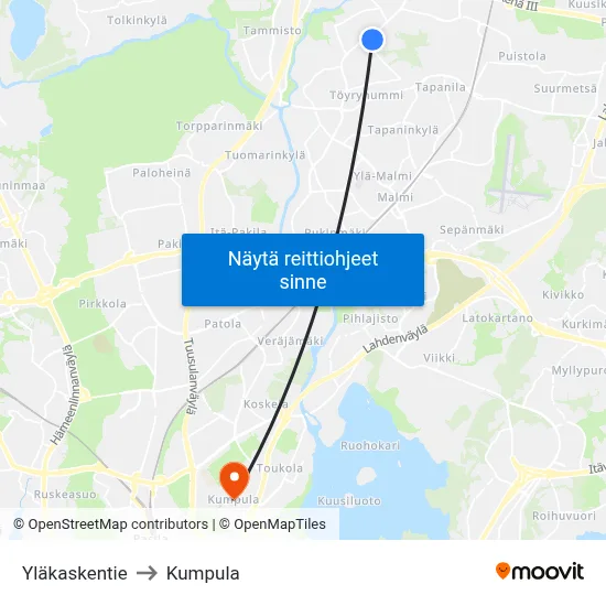 Yläkaskentie to Kumpula map