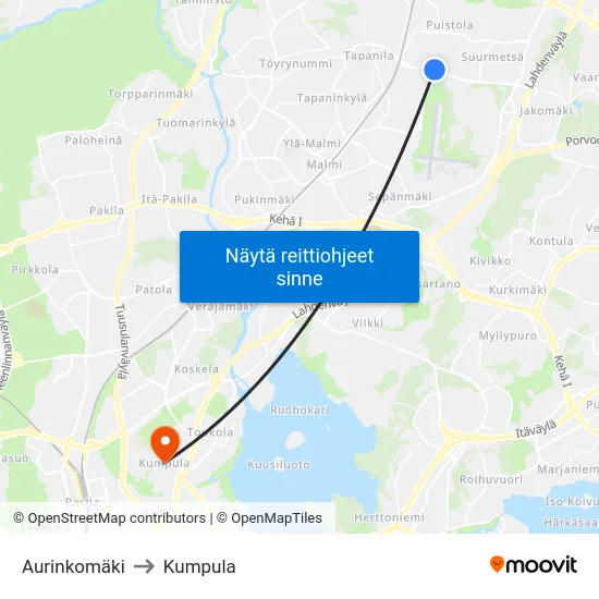 Aurinkomäki to Kumpula map