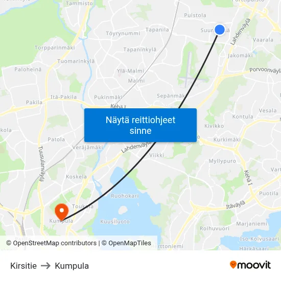 Kirsitie to Kumpula map