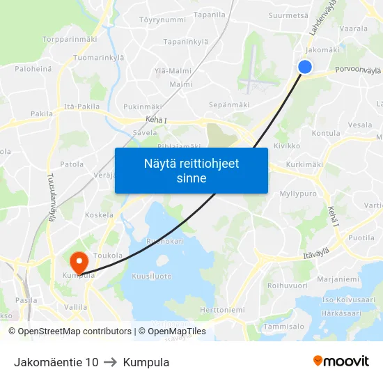 Jakomäentie 10 to Kumpula map