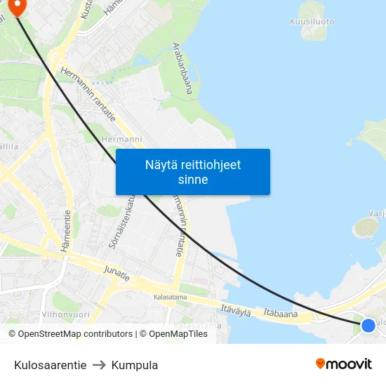 Kulosaarentie to Kumpula map