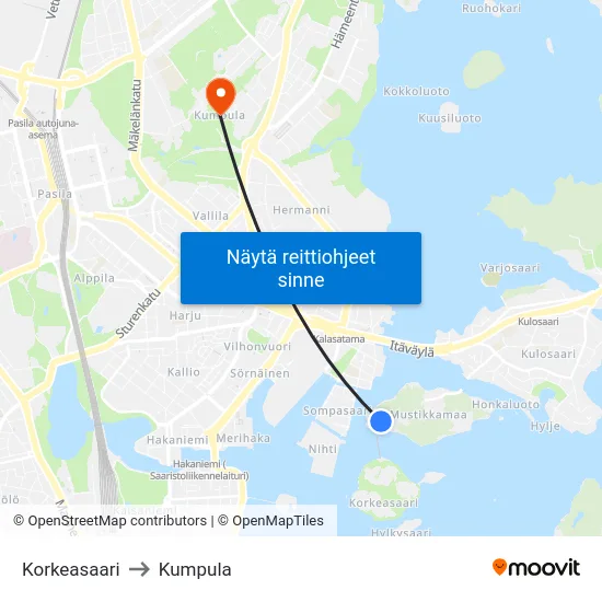 Korkeasaari to Kumpula map