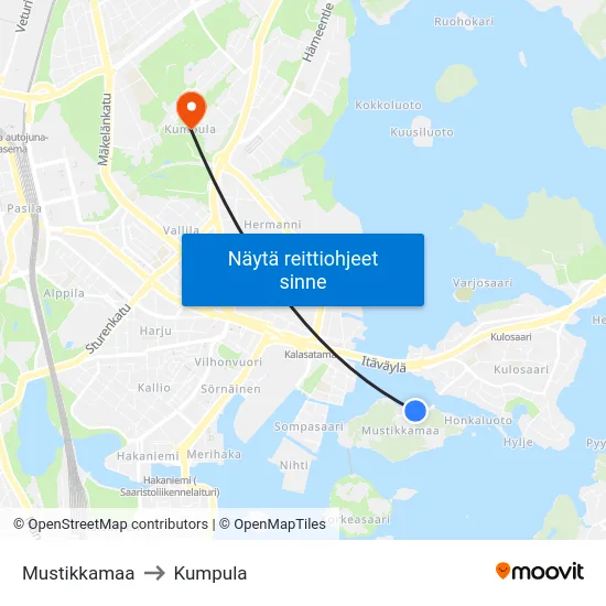 Mustikkamaa to Kumpula map