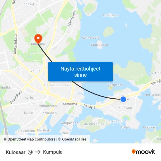 Kulosaari Ⓜ️ to Kumpula map
