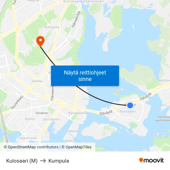 Kulosaari (M) to Kumpula map