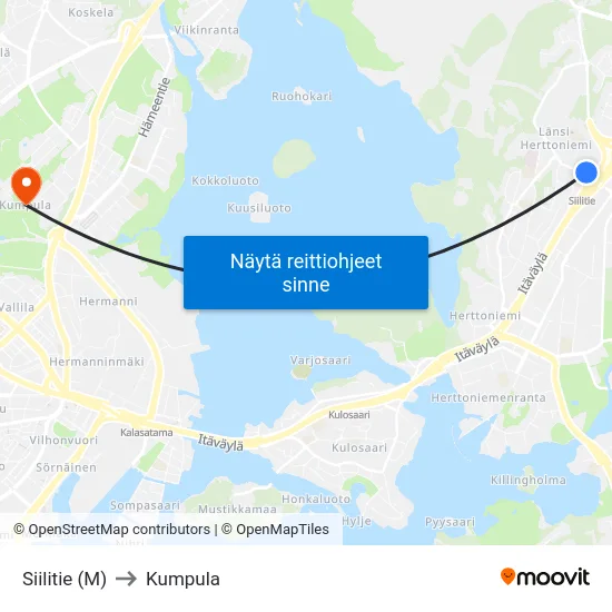 Siilitie (M) to Kumpula map