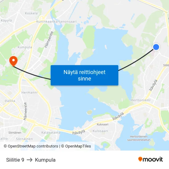 Siilitie 9 to Kumpula map