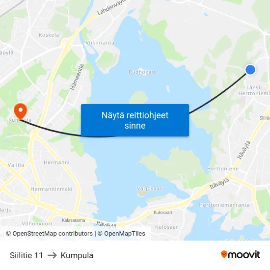 Siilitie 11 to Kumpula map