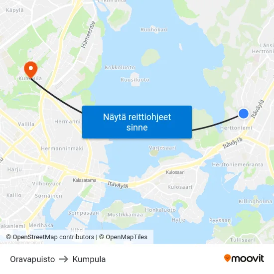 Oravapuisto to Kumpula map