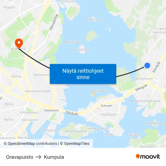 Oravapuisto to Kumpula map