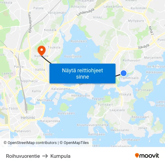 Roihuvuorentie to Kumpula map