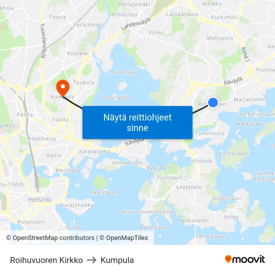 Roihuvuoren Kirkko to Kumpula map