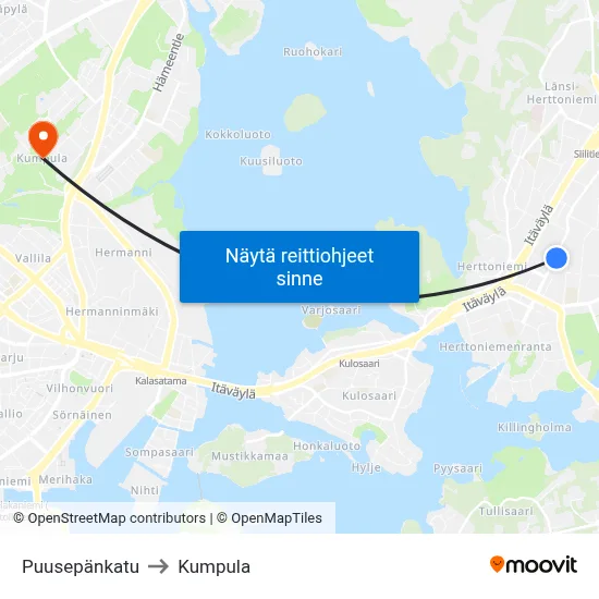 Puusepänkatu to Kumpula map