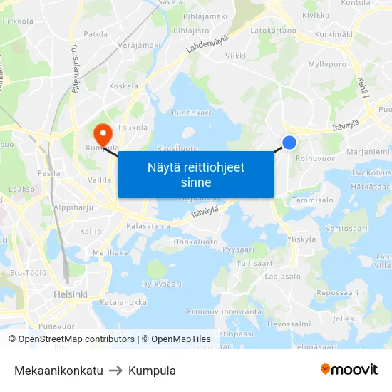 Mekaanikonkatu to Kumpula map