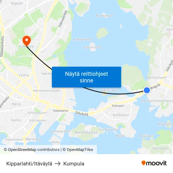 Kipparlahti/Itäväylä to Kumpula map