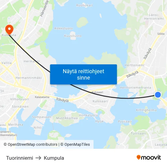 Tuorinniemi to Kumpula map