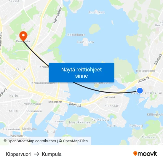 Kipparvuori to Kumpula map