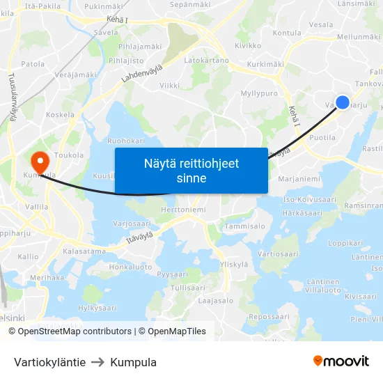 Vartiokyläntie to Kumpula map