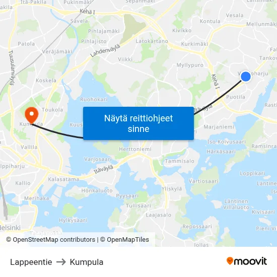Lappeentie to Kumpula map