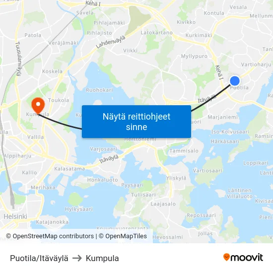 Puotila/Itäväylä to Kumpula map