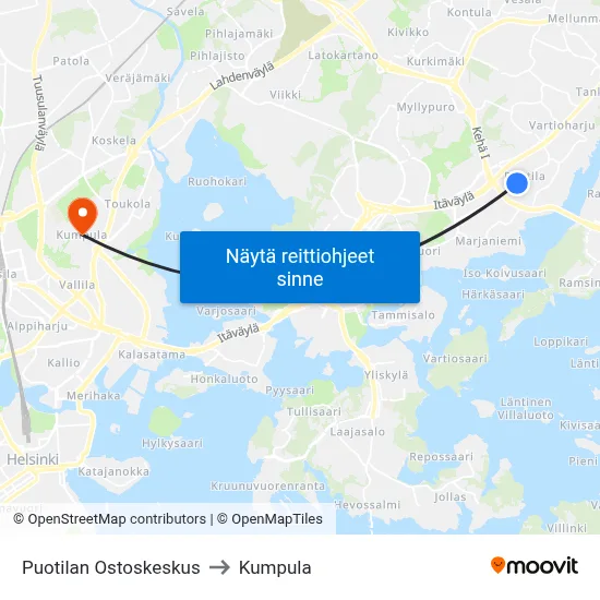 Puotilan Ostoskeskus to Kumpula map