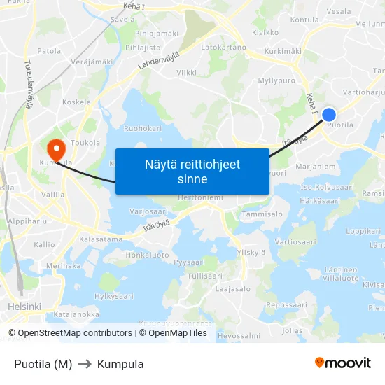 Puotila (M) to Kumpula map