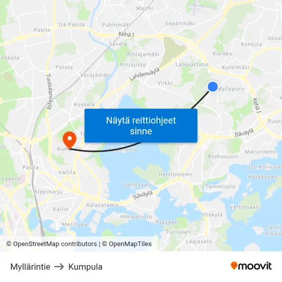 Myllärintie to Kumpula map