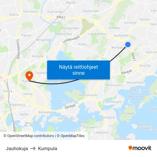 Jauhokuja to Kumpula map