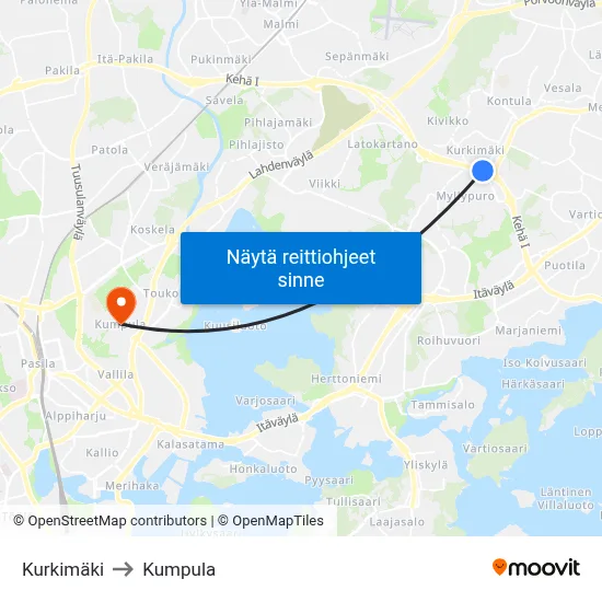 Kurkimäki to Kumpula map