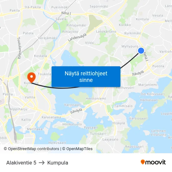 Alakiventie 5 to Kumpula map