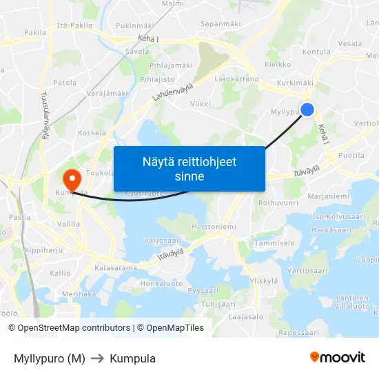 Myllypuro (M) to Kumpula map