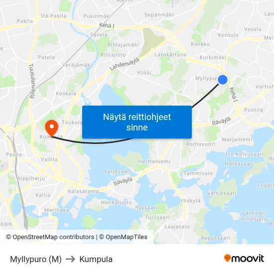 Myllypuro (M) to Kumpula map