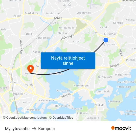 Myllytuvantie to Kumpula map