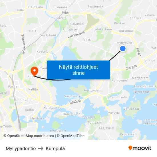 Myllypadontie to Kumpula map