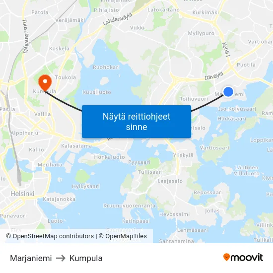 Marjaniemi to Kumpula map