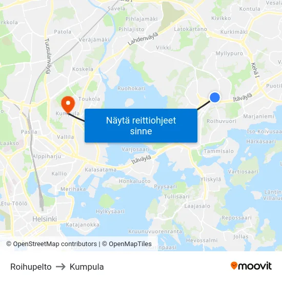 Roihupelto [Lanterna] to Kumpula map