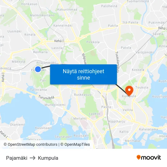 Pajamäki to Kumpula map