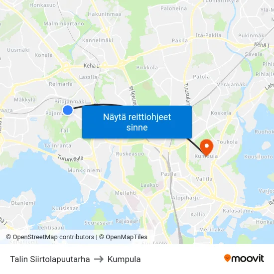 Talin Siirtolapuutarha to Kumpula map
