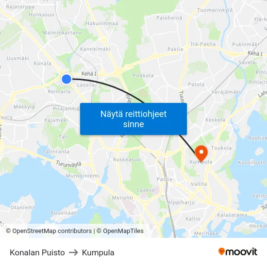 Konalan Puisto to Kumpula map
