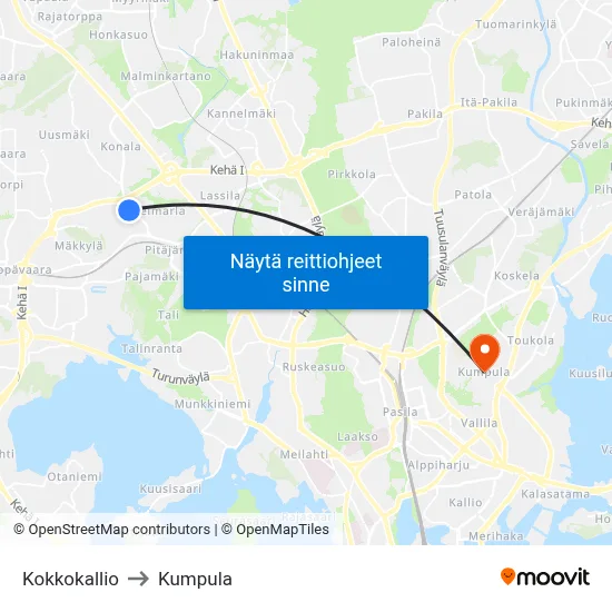 Kokkokallio to Kumpula map