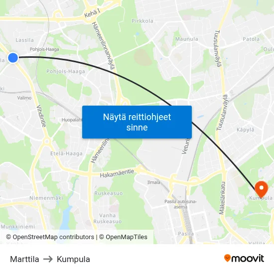 Marttila to Kumpula map