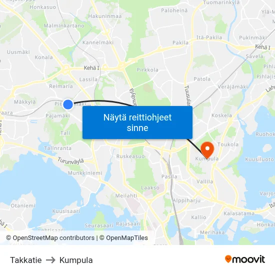 Takkatie to Kumpula map
