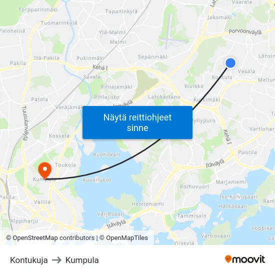 Kontukuja to Kumpula map