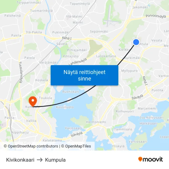 Kivikonkaari to Kumpula map