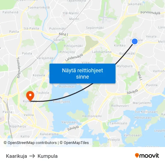 Kaarikuja to Kumpula map