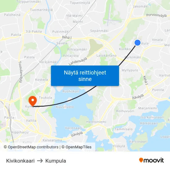 Kivikonkaari to Kumpula map